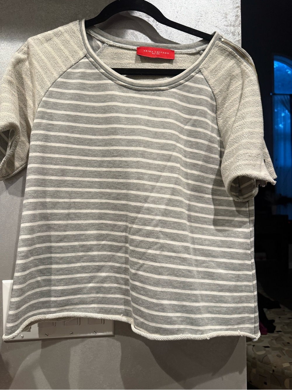 AKIRA Gray and White Striped Raglan Short Sleeve Top